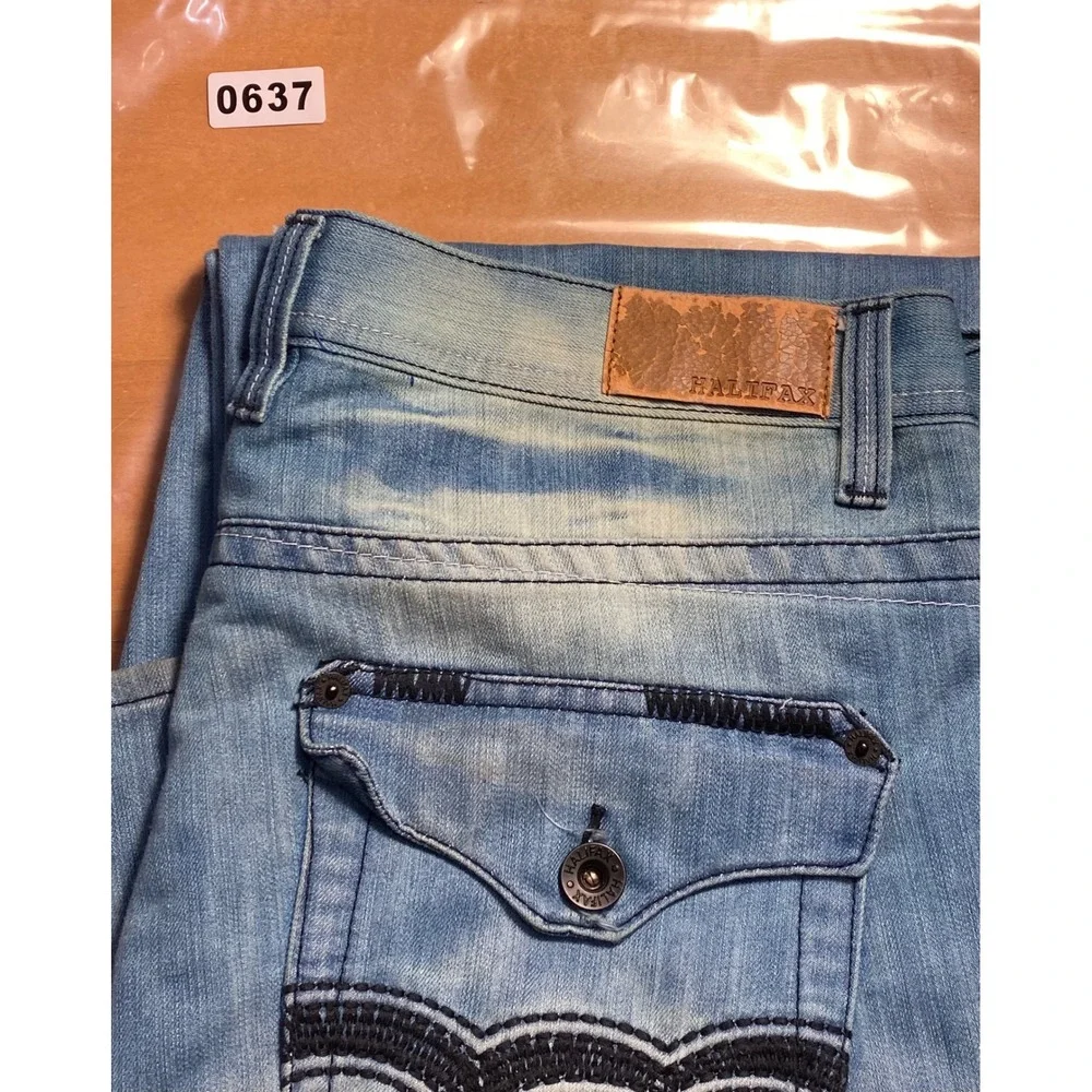 Halifax Mens Straight Leg Jeans Light Blue‎ Denim 38W 34L Embroidered Pockets